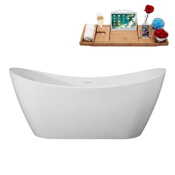 Streamline 75 in. x 35 in. Acrylic Freestanding Soaking Bathtub in Glossy White with Brushed Nickel Drain, Bamboo Tray