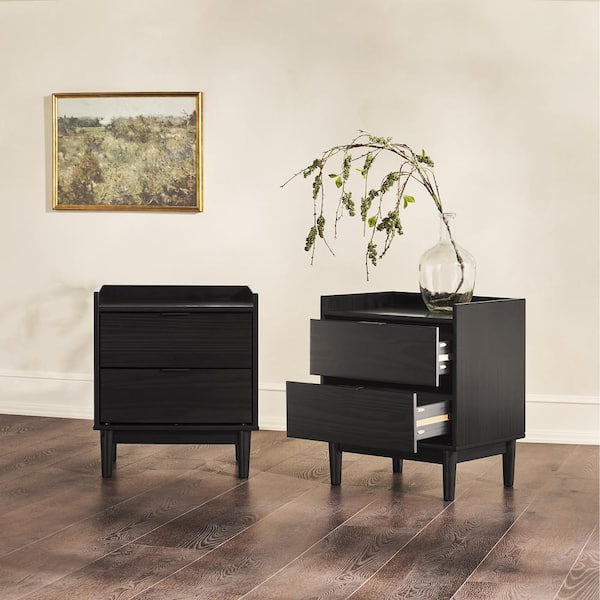 2-Drawer Black Solid Wood Mid-Century Modern Tray-Top Nightstand, (Set of 2)