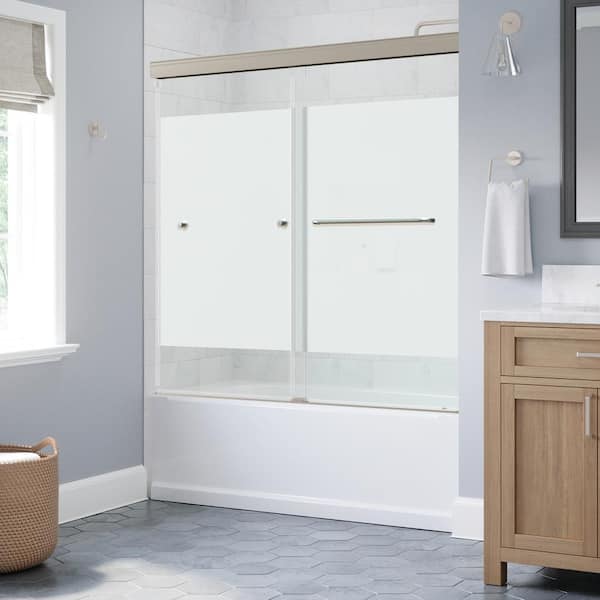 Delta Portwood 60 in. W x 58 in. H Semi-Frameless Sliding Tub Door in Brushed Nickel with 6mm Frosted Privacy Glass
