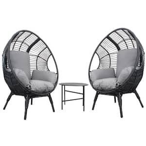 Black 3-Piece Metal Outdoor Lounge Chairs, Patio PE Rattan Egg Chairs and Side Table Set with Grey Cushions