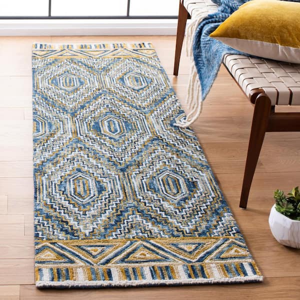 Aspen Blue/Gold 2 ft. x 8 ft. Border Ikat Runner Rug