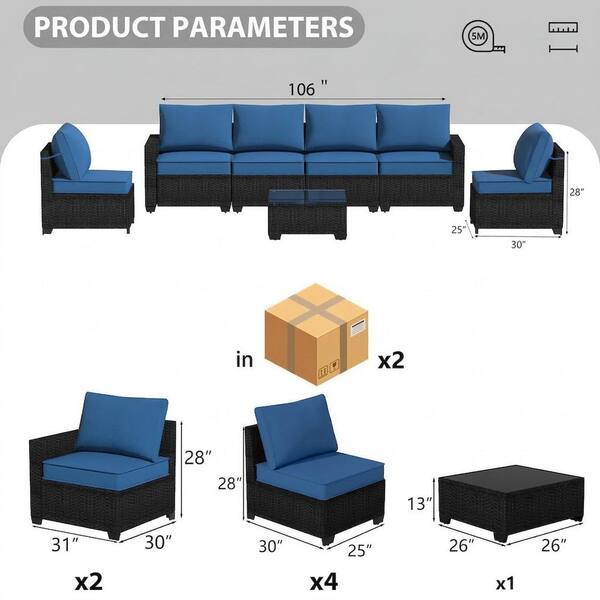 7-Piece Dark Brown Wicker Outdoor Sectional Set with Peacock Blue