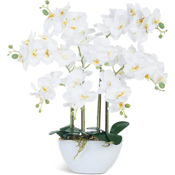 Cubilan 21 .25 in. White Artificial Orchid Flowers & Plants Potted in Ceramic Pot