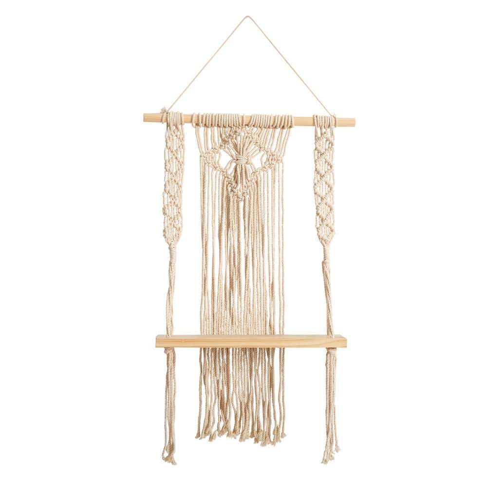 Nearly Natural 5 in. x 16 in. x 24 in. Cream Wood Macrame Boho Chic Single Shelf Woven Diamond Wall Art Decor 7121 - The Home Depot