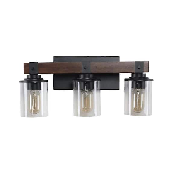 18.5 in. 3 Matte Walnut Vanity Light Fixture with Clear Glass Shades