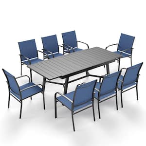 Black 9-Piece Metal Expandable Table Patio Outdoor Dining Set with Blue Textilene Chairs