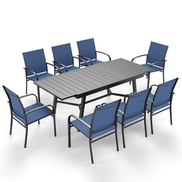 PHI VILLA Black 9-Piece Metal Expandable Table Patio Outdoor Dining Set with Blue Textilene Chairs