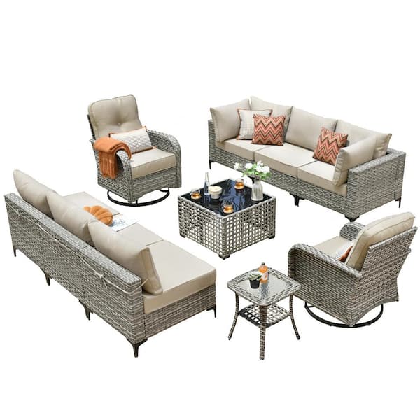 Holston 10-Piece Wicker Outdoor Patio Conversation Sofa Sectional Set with Swivel Rocking Chairs and Beige Cushions