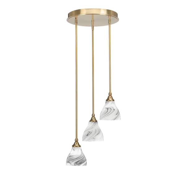 Unbranded Villa 60-Watt in. 3 Light New Age Brass Stem Pendant Light with 6.25 in. Onyx Swirl Glass Shade, No bulbs included