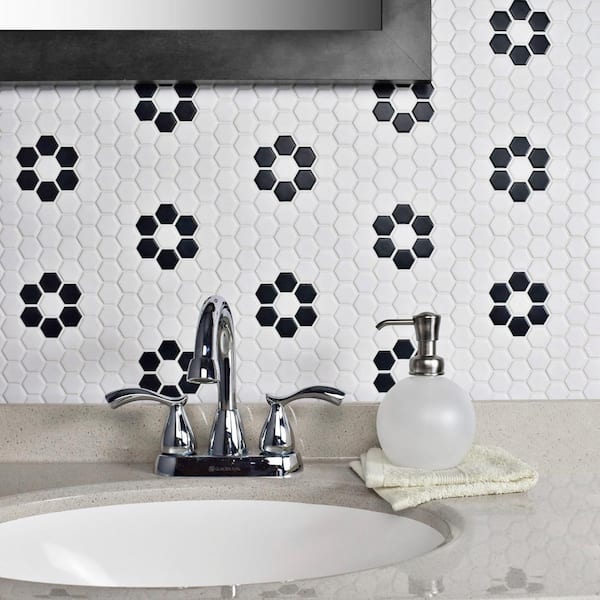 Metro 1 in. Hex Matte White with Flower 10-1/4 in. x 11-7/8 in. Porcelain Mosaic Tile (8.6 sq. ft./Case)