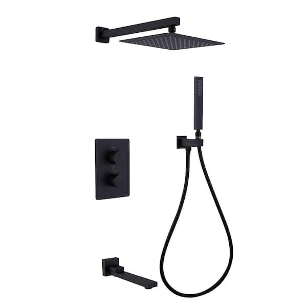 AIMADI Double-Handle 1-Spray Thermostatic Tub and Shower Faucet 1.8 GPM Wall Mount Shower System in. Matte Black Valve Included