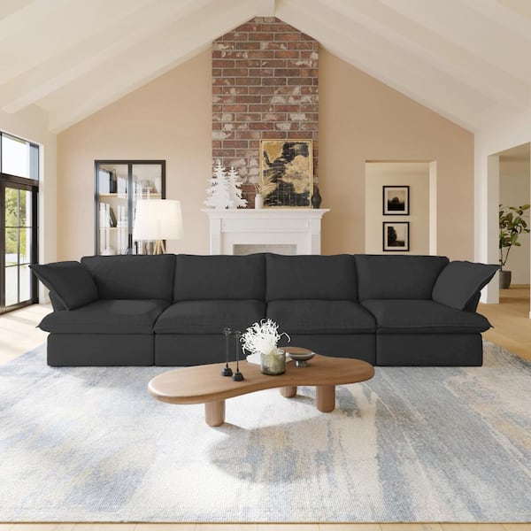 J&E Home 162.98 in Wide Flared Arm Linen Rectangle Modular Free Combination Sofa with Pillow in. Black