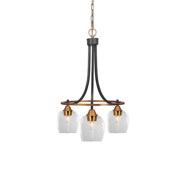 Unbranded Madison 3-Light Matte Black and Brass Round Chandelier with 6 in. Clear Bubble Glass Shades, No bulbs included