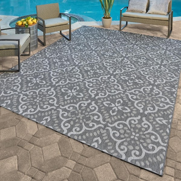 Paseo Powis Gray/Cream 8 ft. x 10 ft. Trellis Indoor/Outdoor Area Rug