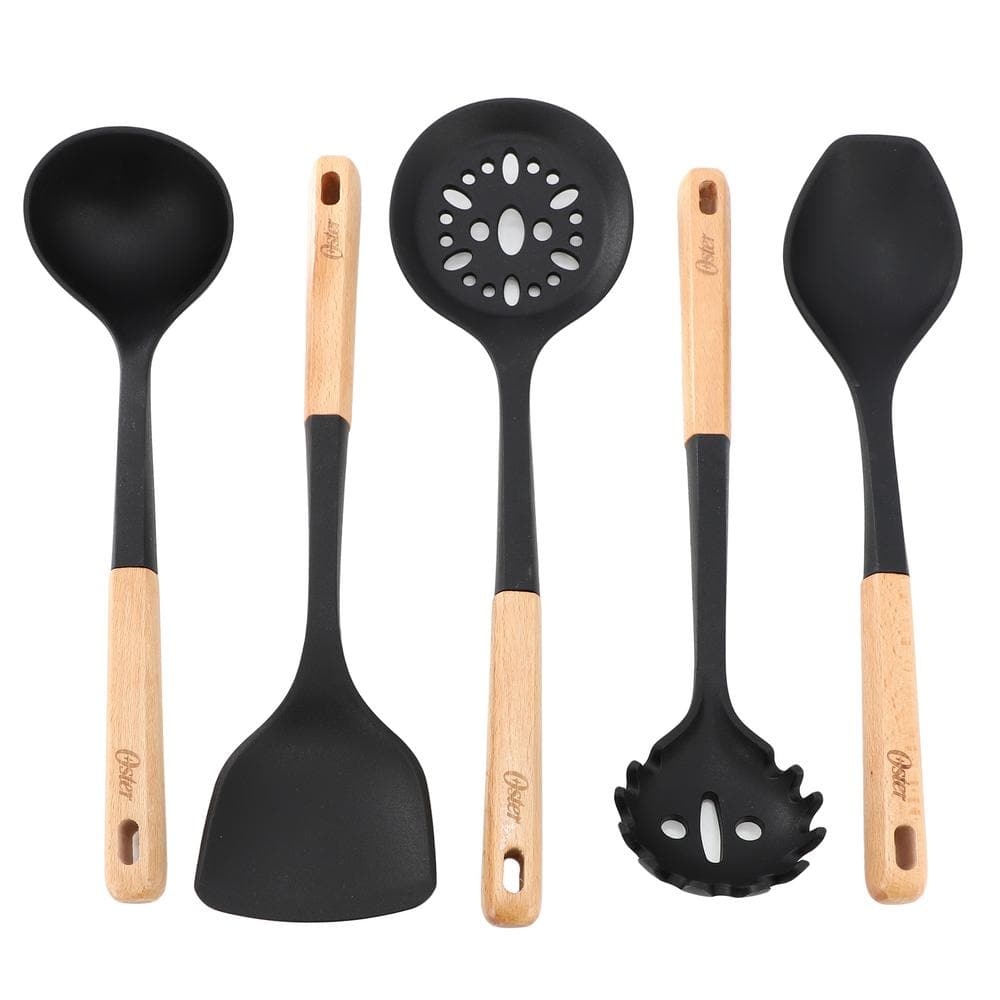 Oster Marion 5-Piece Black Silicone and Wood Kitchen Tool Set