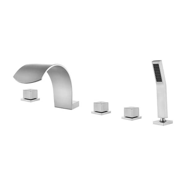 Single-Handle Tub Deck Mount Roman Tub Faucet with Hand Shower and Water Suply Hose in Brushed Nickel