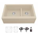 QA-760 Quartz/Granite 34 in. Double Bowl 60/40 Farmhouse/Apron Front Kitchen Sink in Bisque with Grid and Strainer