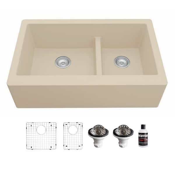 Karran QA-760 Quartz/Granite 34 in. Double Bowl 60/40 Farmhouse/Apron Front Kitchen Sink in Bisque with Grid and Strainer
