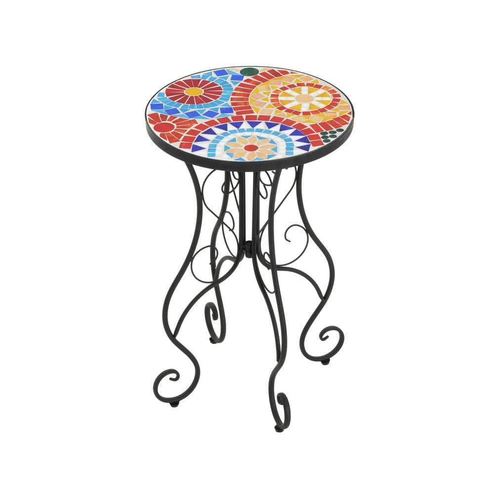 Colorful Ceramic Tile Floral Design Outdoor Accent Table with Black Iron Frame