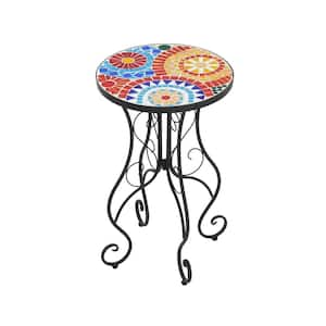 Stow Outdoor Patio Round Side Table, Ceramic Tile, Iron, Black + Colorful