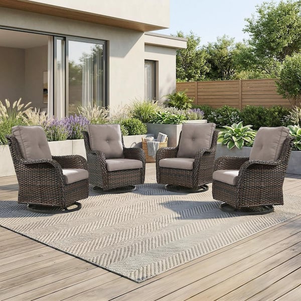 Arcline 4-Piece Brown Wicker Outdoor Swivel Glider Chair with Gray Cushions and rest/Rocking Chairs for Patio/Porch