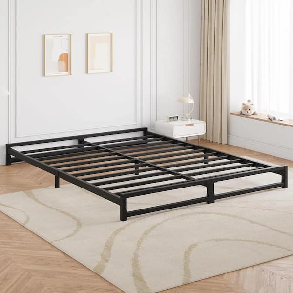 Queen Size Black Metal Bed Frame, 6 in. Queen Platform Bed with Steel Slat Support, Mattress Foundation, Noise Free