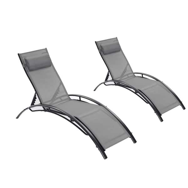 2-Piece Black Frame and Gray Fabric Patio Outdoor Chaise Lounge Recliner for Lawn Beach Pool Side Sunbathing with Pillow