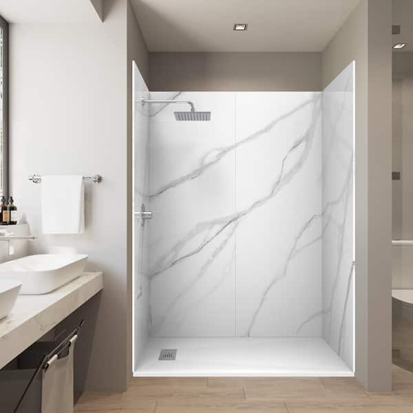 Calcutta White 32 in. x 60 in. x 84 in. Solid Composite Stone Alcove Shower Kit with Walls and White Pan Base L/R Drain