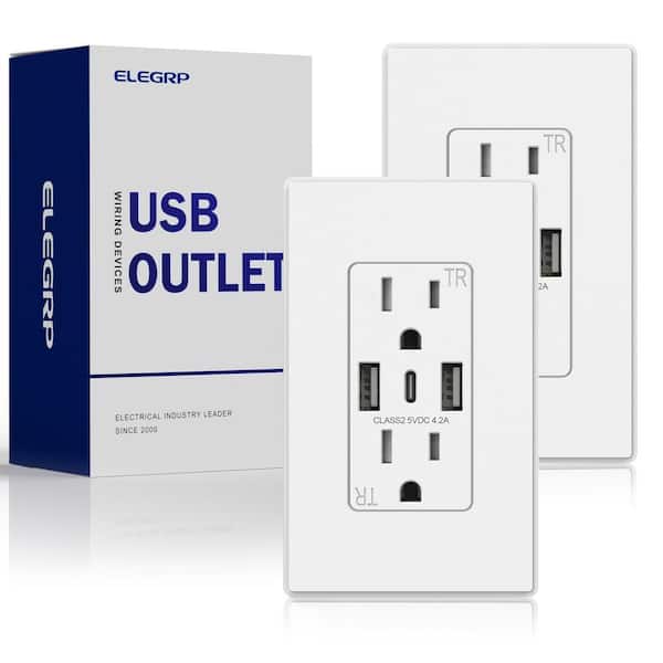 ELEGRP 21W USB Wall Outlet w/Dual Type A and Type C USB Ports, 15 Amp Tamper Resistant Outlet, w/Wall Plate, White (2-Pack)