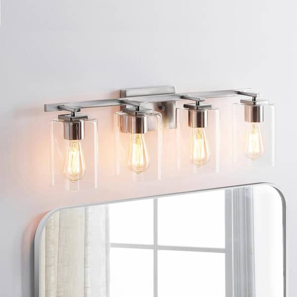 KAWOTI 29 in. 4-Light Brushed Nickel Bathroom Vanity Light with Rectangle Glass Shades