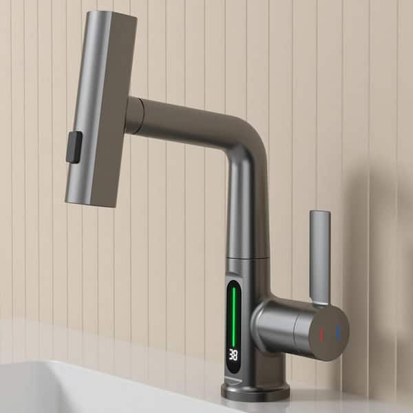 LORDEAR 3 Mode Waterfall Single Handle Pull Out Sprayer Kitchen Faucet with Adjustable Height in Gray, Deckplate Included