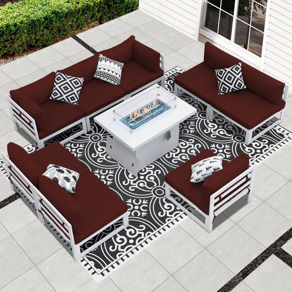 Extra Large White 9-Piece Aluminum Patio Fire Pit Conversation Set Deep Sea
