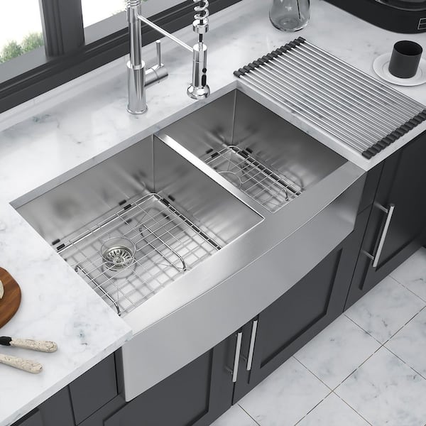 36 in. Farmhouse Double Bowl (60/40) 16 Gauge Brushed Nickel Stainless Steel Kitchen Sink with Bottom Grids