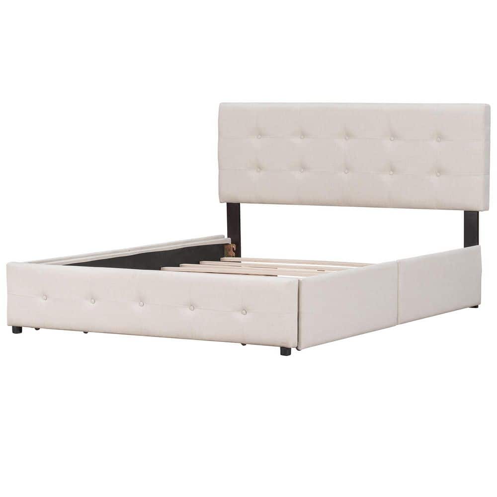 Beige Linen Upholstered Wood Frame Queen Size Platform Bed with 4-Drawers - thumbnail 8
