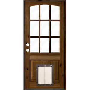 32 in. x 80 in. Knotty Alder Right-Hand/Inswing 9-Lite Clear Glass Provincial Stain Wood Prehung Front Door w/Dog Door