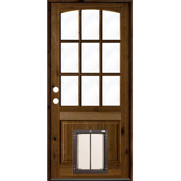 Krosswood Doors 36 in. x 80 in. Right-Hand Arch Top 9-Lite Clear Glass Provincial Stained Wood Prehung Door with Large Dog Door