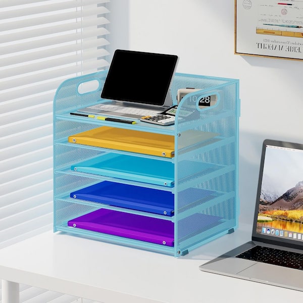 13.5 in. x 12.6 in. 5 Tier Paper Organizer with Handle, Metal Mesh Desk Organizer, Blue