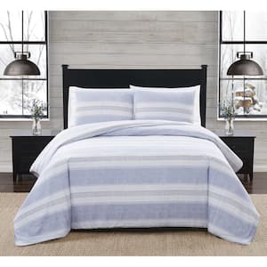 3-Piece White and Blue Stripe Cotton Flannel Full / Queen Comforter Set