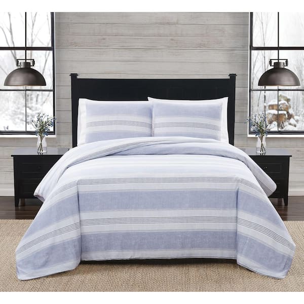 London Fog 3-Piece White and Blue Stripe Cotton Flannel Full / Queen Comforter Set