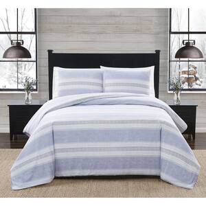 3-Piece White and Blue Stripe Cotton Flannel King Comforter Set