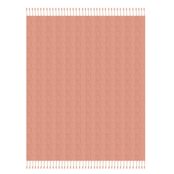 Unbranded Woven 50 in. x 60 in. Coral Pink Solid Checkered Cotton Fringe Throw Blanket
