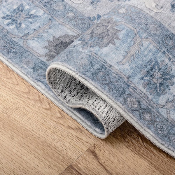 Kisara Oushak Style Distressed Border Non-Slip Machine-Washable Blue/Light Gray 4 ft. x 6 ft. Area Rug