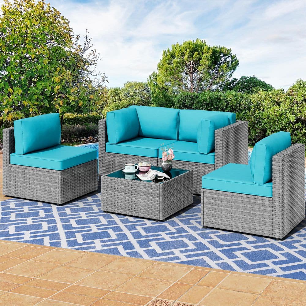 5-Piece Wicker Patio Sectional Seating Set with Blue Cushions price history on PriceWatchPro