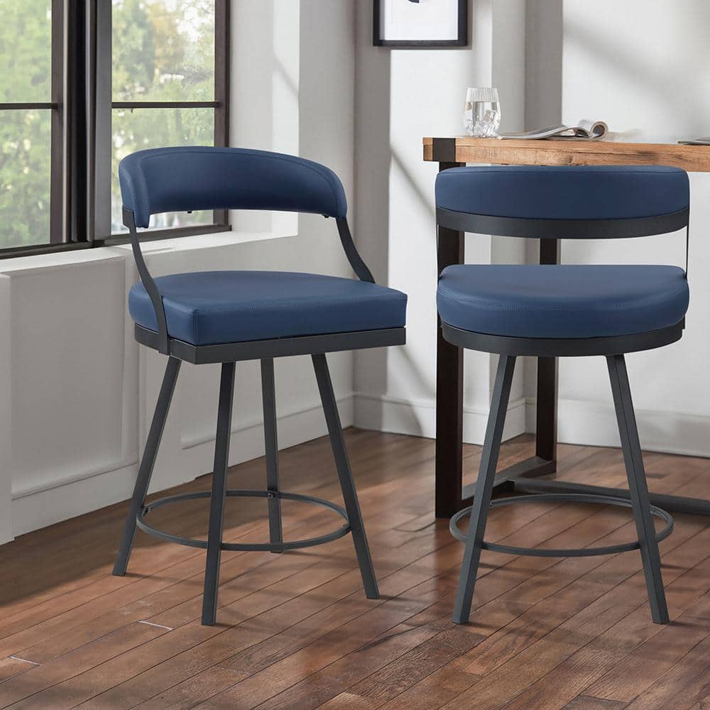Blue Faux Leather Swivel Counter Height Stools with Black Metal Frame, Set of 2