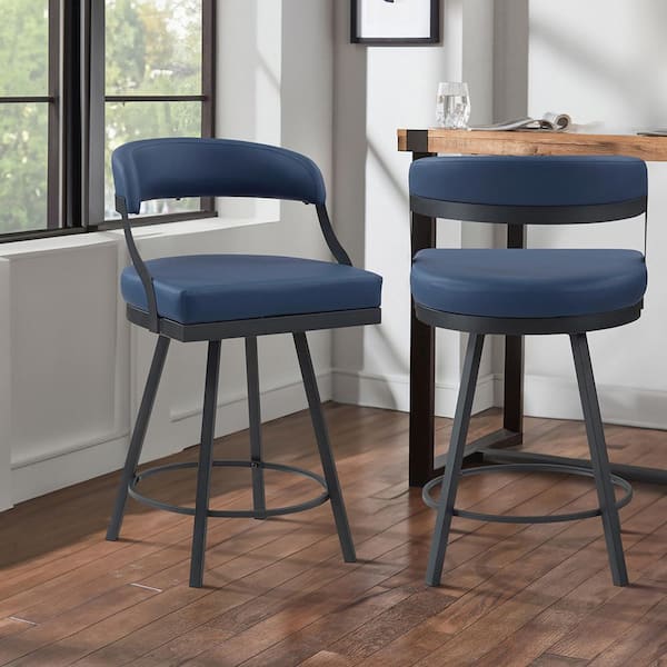 Brassica 26.5 in. Black Finish Metal Swivel Counter Height Chair with Blue Faux Leather Seat (Set of 2)