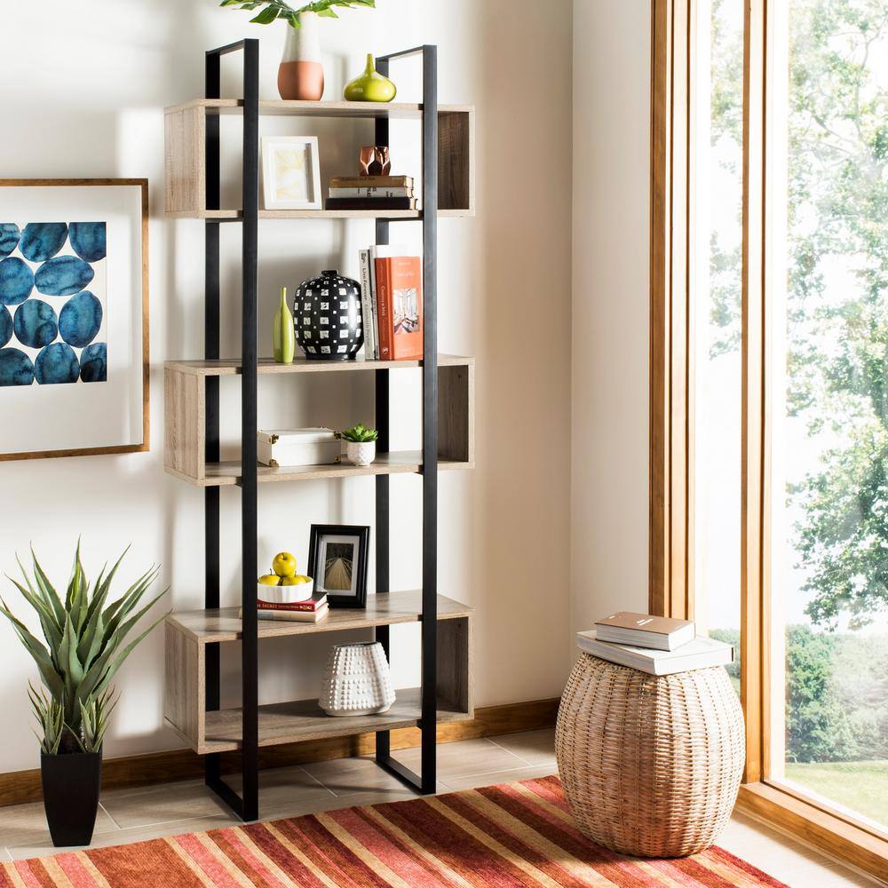 Adhara Transitional Oak and Black Iron Etagere, 32" W
