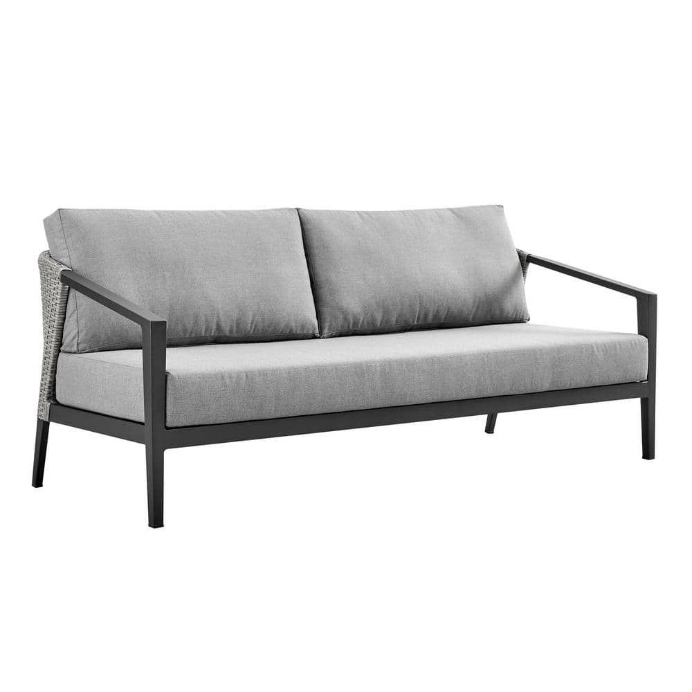 Palma Black Wicker and Aluminum Outdoor Sofa with Dark Gray Cushions