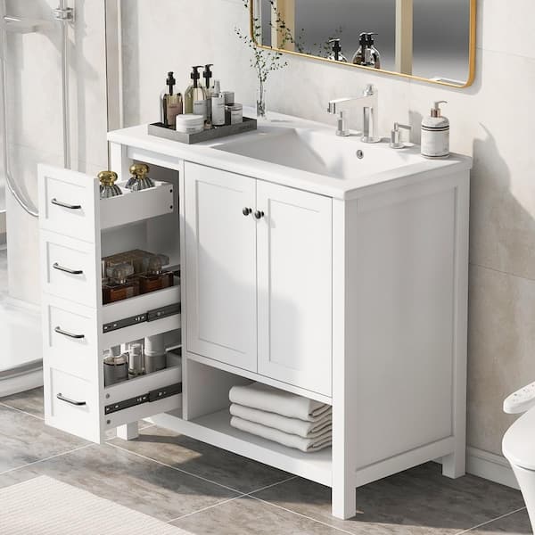 36 in. W Freestanding Single Sink Bath Vanity in White with White Ceramic Top, Two Doors & Two Drawers