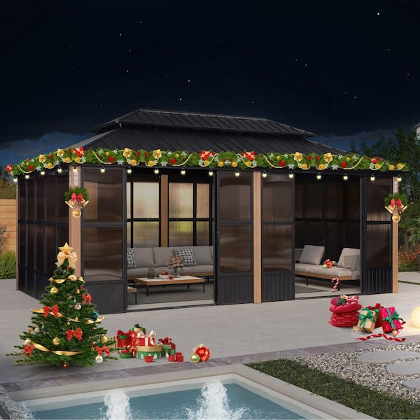 Hardtop Gazebo 12 ft. x 20 ft. Brown Aluminum Sunroom Gazebo with Double Top, Mesh Screens & 24 Lights
