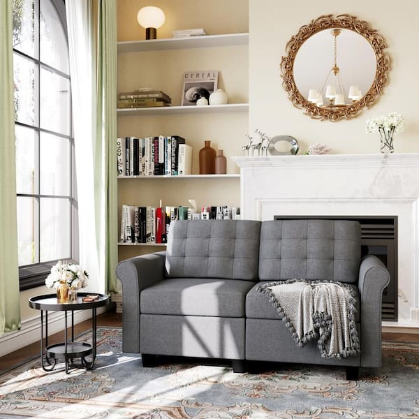 PHI VILLA 55 in. Linen Modern Loveseat Rectangle Shape Modular Sectional Sofa in Gray with Sturdy Wooden Frame
